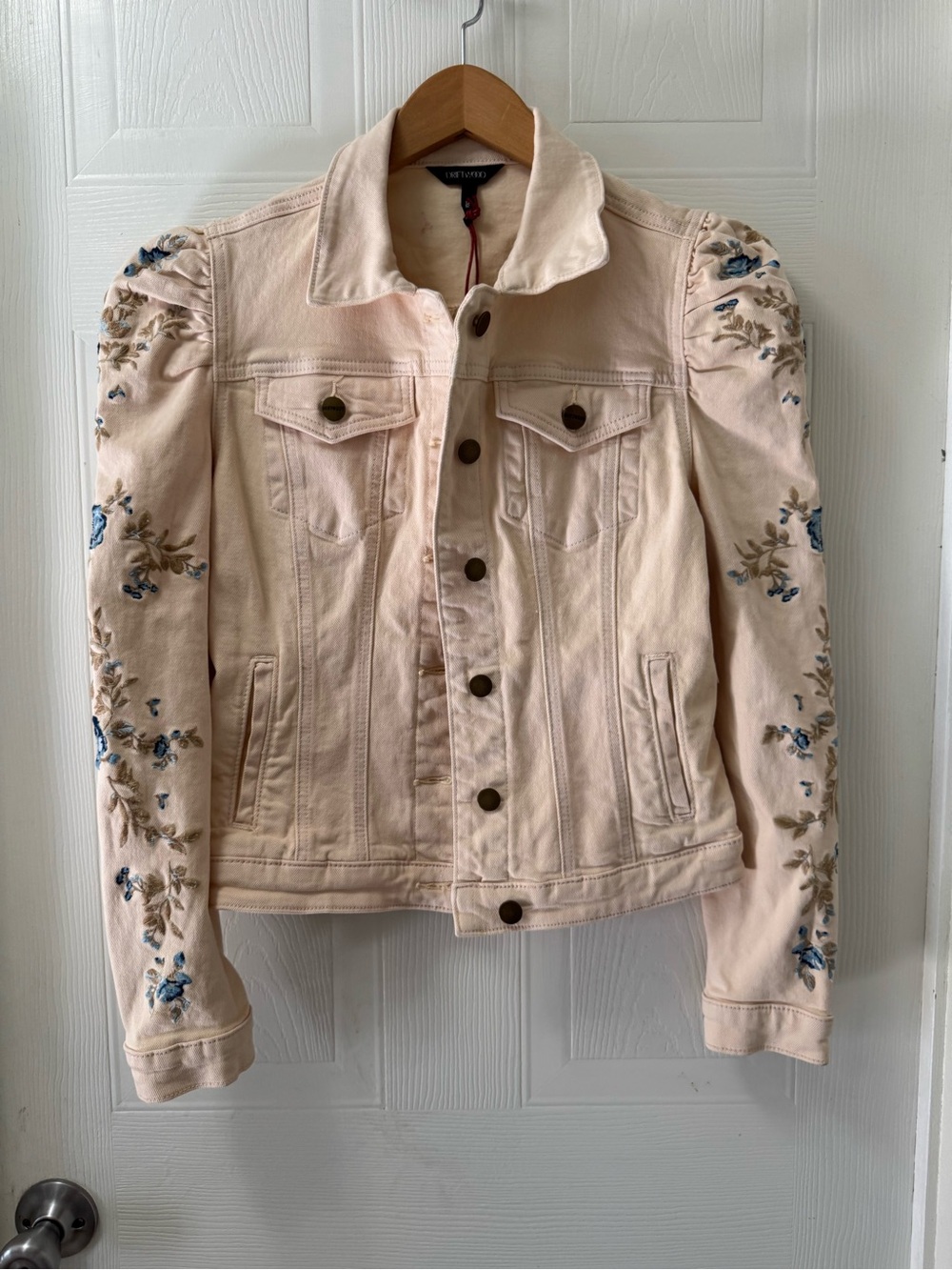 DRIFTWOOD Cream Denim Jacket with Blue & Tan Floral Embroidery